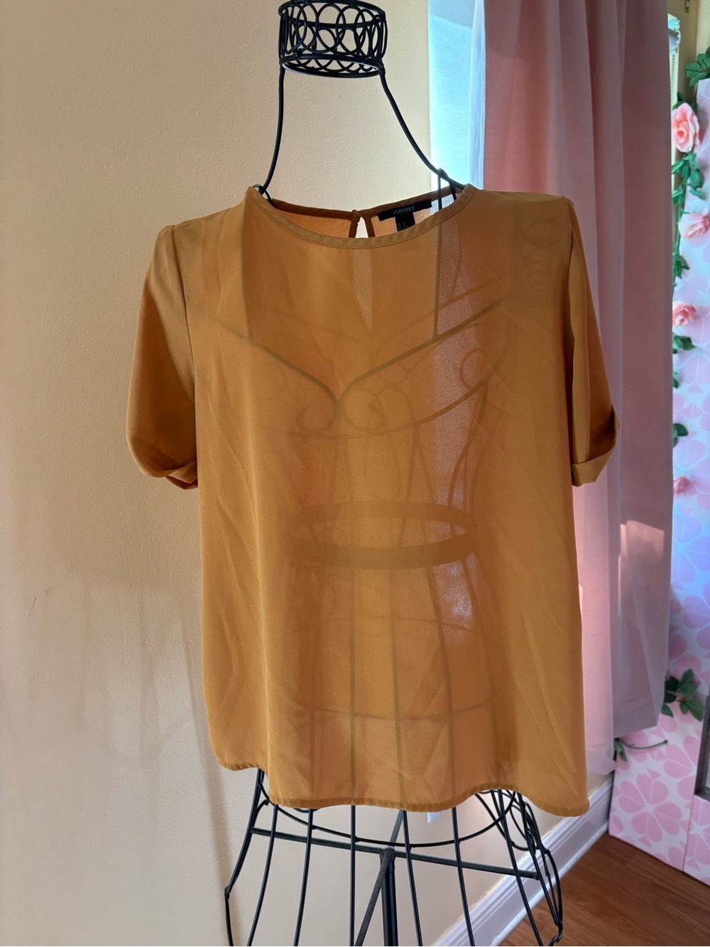 Forever 21 Mustard Short-Sleeve Sheer Blouse